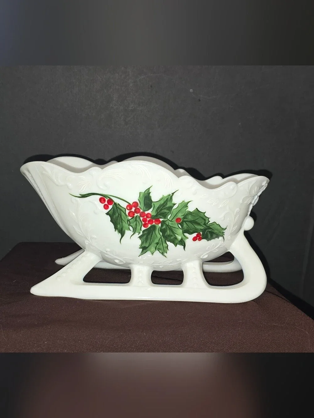 Westmoreland Glass Company hand-painted holly milk glass sleigh